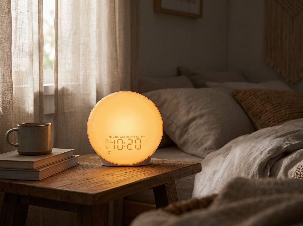 The JALL sunrise wake-up light glowing on a nightstand at dawn
