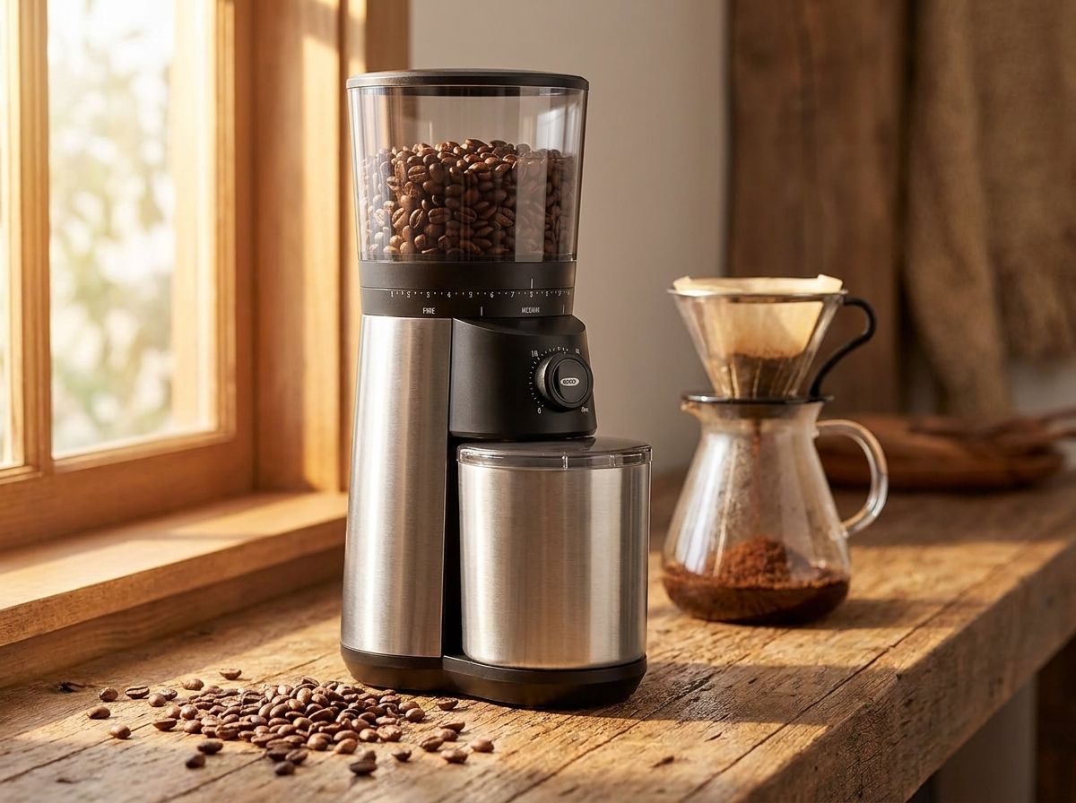 The OXO burr grinder on a home coffee bar with fresh beans
