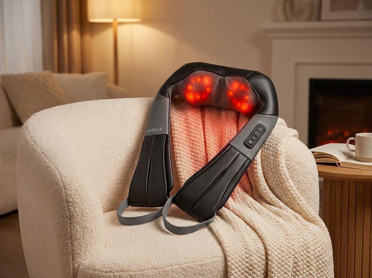 The Nekteck heated massager resting on a cozy armchair